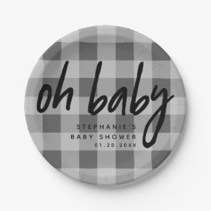 Oh Baby   Grey Gingham Baby Shower Paper Plates