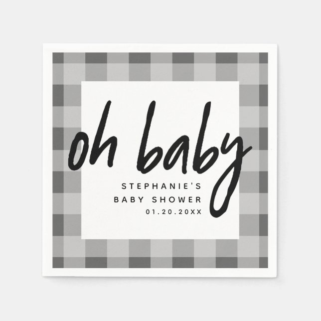 Oh Baby | Grey Gingham Unisex Baby Shower Napkins (Front)