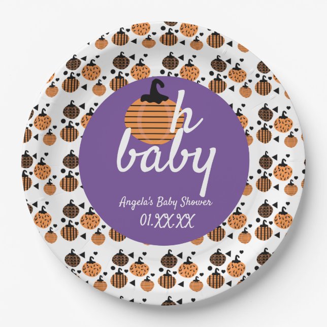 Oh Baby Halloween Confetti Pumpkins Baby Shower Paper Plates (Front)