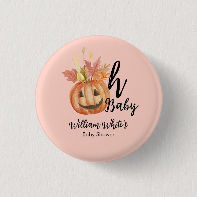 Oh Baby! Halloween Fall Pumpkin Leave Baby Shower Button (Front)