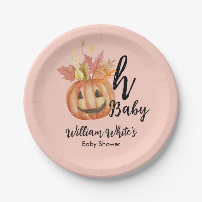 Oh Baby! Halloween Fall Pumpkin Leave Baby Shower Paper Plates (Front)