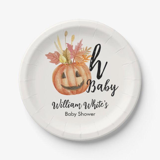 Oh Baby! Halloween Fall Pumpkin Leave Baby Shower Paper Plates (Front)