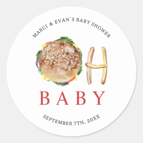 Oh Baby Hamburger and Fries Co Ed Baby Shower Classic Round Sticker