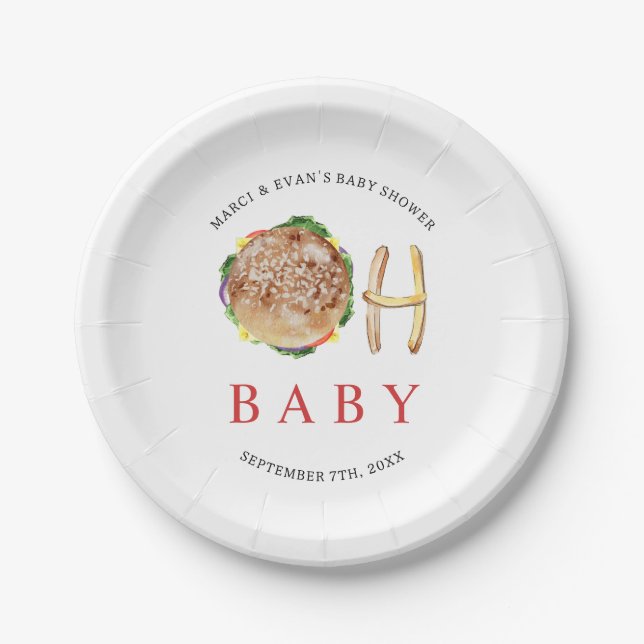 Oh Baby Hamburger and Fries Co Ed Baby Shower Paper Plates (Front)