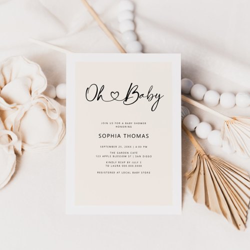 Oh Baby Heart Font Minimal Soft Beige Baby Shower Invitation