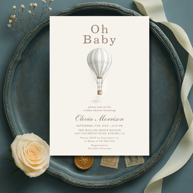 Oh Baby Hot Air Balloon Blue Boy Baby Shower Invitation (Creator Uploaded)