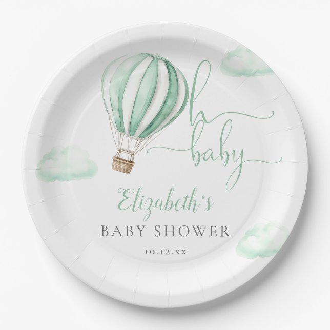 Oh Baby Hot Air Balloon Gender Neutral Baby Shower Paper Plates (Front)