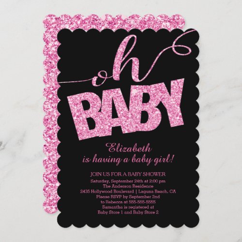 Oh Baby  Hot Pink Glitter  Baby Shower Invitation