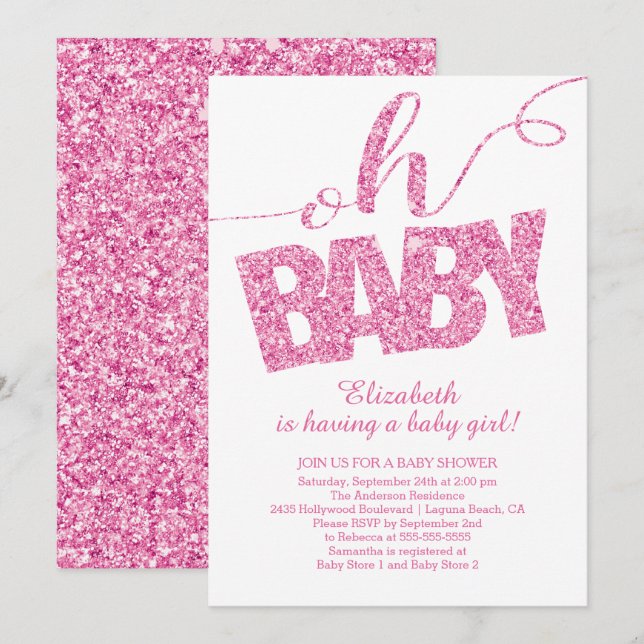 Oh Baby!  Hot Pink Glitter  Baby Shower Invitation (Front/Back)
