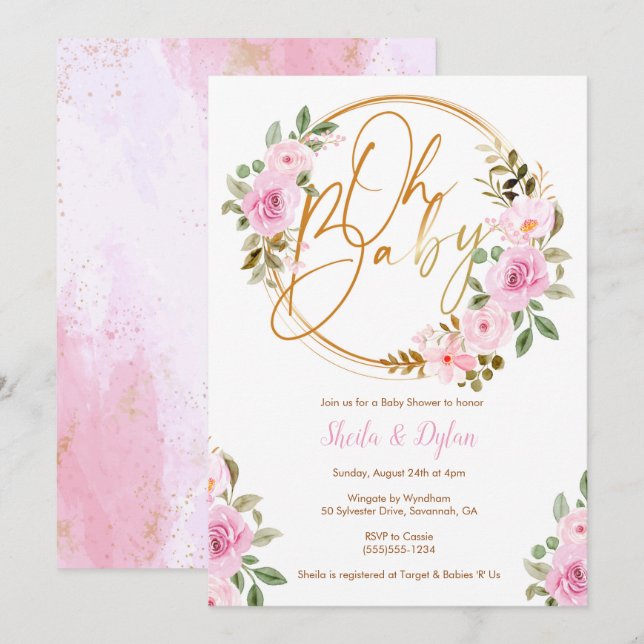 Oh Baby Invitation, Floral Baby Shower Invitation (Front/Back)