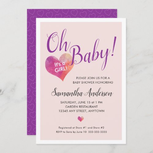 Oh Baby Its A Girl Pink Heart Baby Shower Invitation