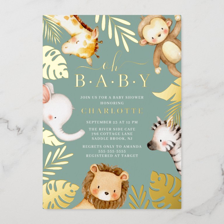 Oh Baby Jungle Baby Shower Foil Invitation