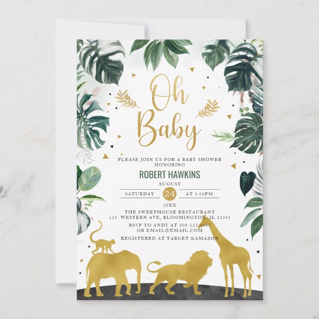  Oh Baby Jungle Gold Safari Animals Baby Shower Invitation (Front)