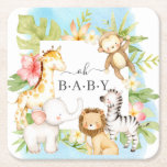 Oh Baby Jungle Square Paper Coaster<br><div class="desc">Adorable design featuring the sweetest giraffe,  monkey,  zebra,  elephant & lion with a leafy jungle leaf frame. Visit our shop to view our entire Oh Baby Safari collection</div>