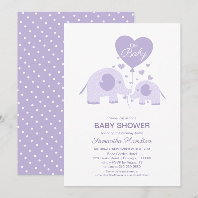 Oh Baby Lavender Cute Elephant Baby Shower Invitation (Front/Back)
