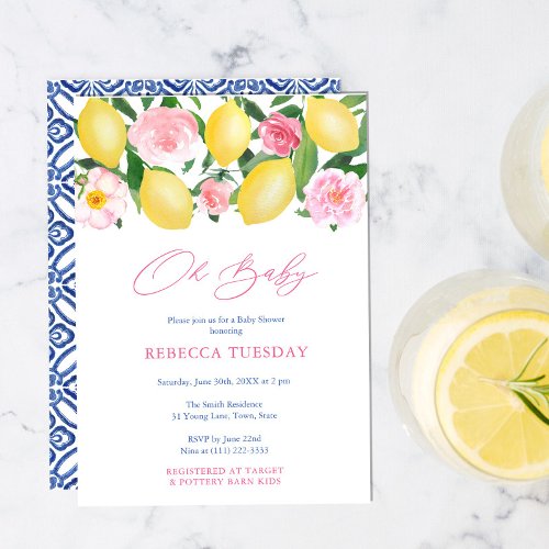 Oh Baby Lemons Blue White Tiles Girl Baby Shower Invitation