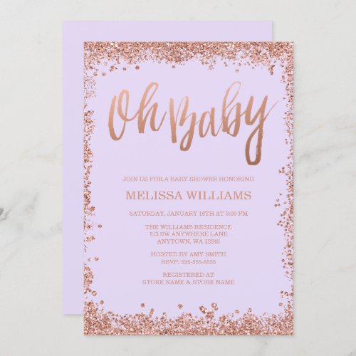 Oh Baby Lilac Faux Rose Gold Glitter Baby Shower Invitation