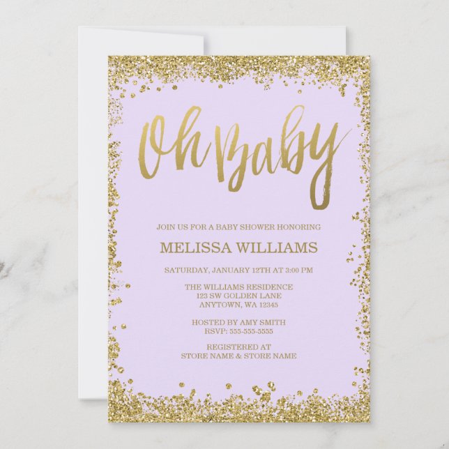 Oh Baby Lilac Purple Gold Glitter Baby Shower Invitation (Front)