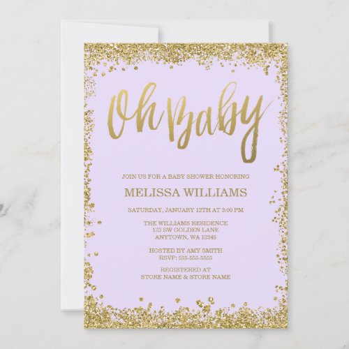 Oh Baby Lilac Purple Gold Glitter Baby Shower Invitation