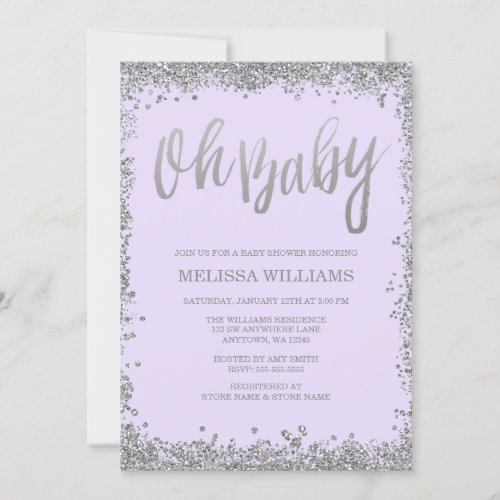 Oh Baby Lilac Purple Silver Glitter Baby Shower Invitation