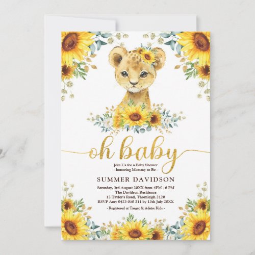 Oh Baby Lion Cub Sunflower Greenery Baby Shower Invitation