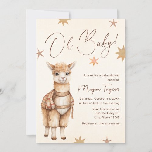 Oh Baby Llama Boho Beige Baby Shower Invitation