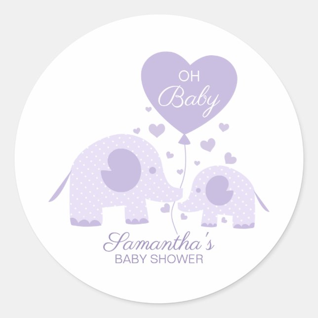Oh Baby Lovely Purple Elephant Baby Shower Favor Classic Round Sticker (Front)