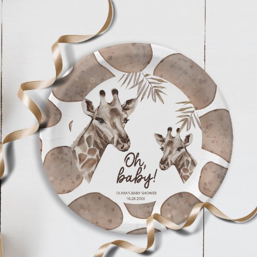 Oh Baby Mama and Baby Giraffe Neutral Baby Shower Paper Plates