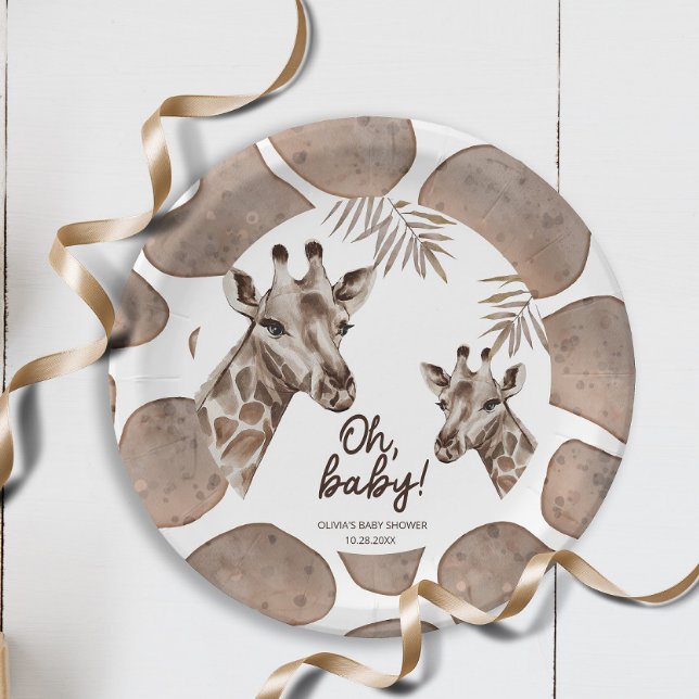 Oh Baby Mama and Baby Giraffe Neutral Baby Shower Paper Plates (Creator Uploaded)