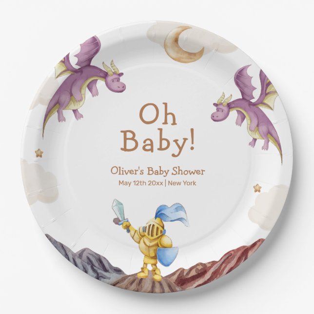 Oh Baby Medieval Fairytale Dragon Boy Baby Shower  Paper Plates (Front)
