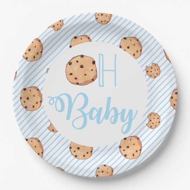 Oh Baby Milk and Cookies blue Baby Shower Paper Plates (Front)