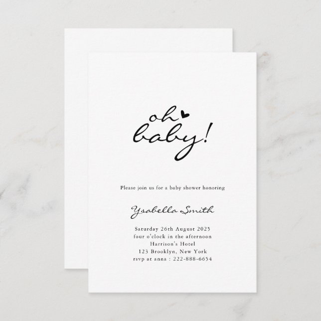 Oh Baby! Minimal Heart Script Baby Shower  Invitation (Front/Back)
