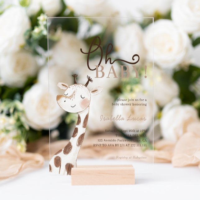 Oh Baby! Minimalist Giraffe Baby Shower Acrylic Invitations (Creator Uploaded)
