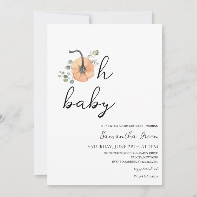 Oh Baby Minimalist Pumpkin Baby Shower Invitation (Front)