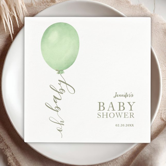 Oh Baby Minimalist Sage Green Balloon Baby Shower Napkins (Creator Uploaded)
