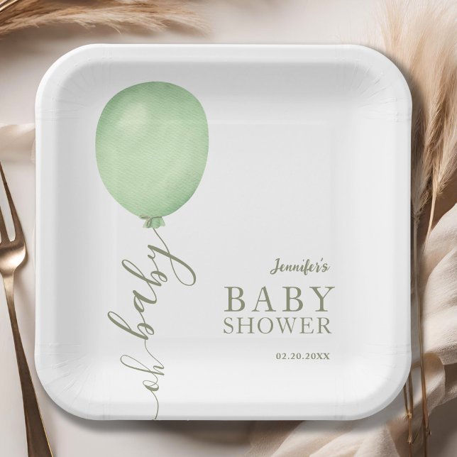 Oh Baby Minimalist Sage Green Balloon Baby Shower Paper Plates (Creator Uploaded)