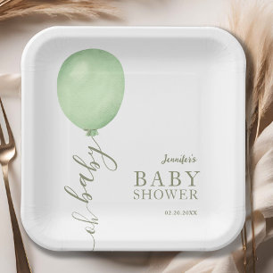 Oh Baby Minimalist Sage Green Balloon Baby Shower Paper Plates