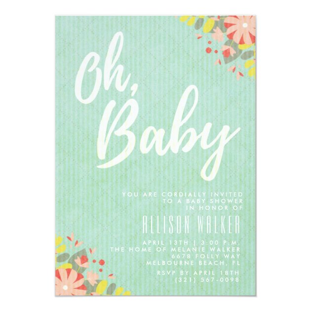 Oh Baby Mint Floral Baby Shower Invitation