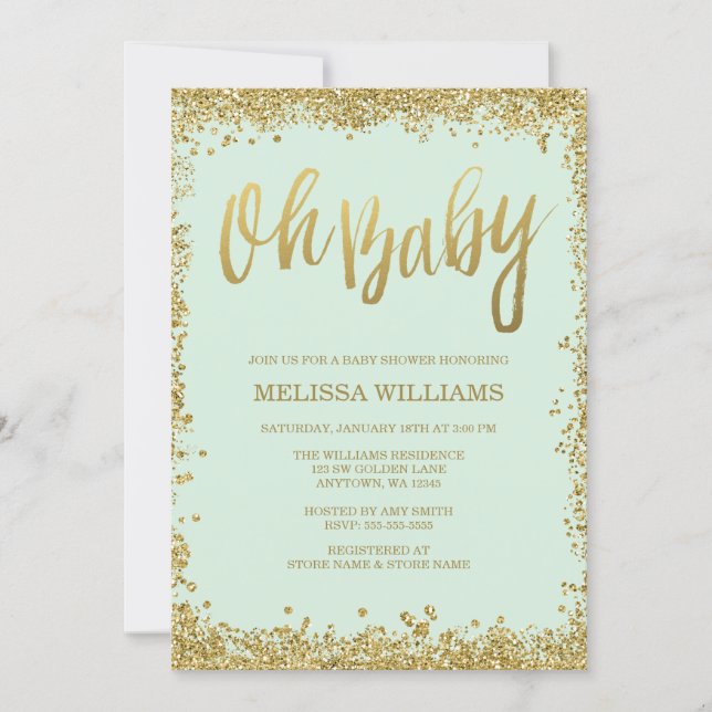Oh Baby Mint Gold Glitter Baby Shower Invitation (Front)