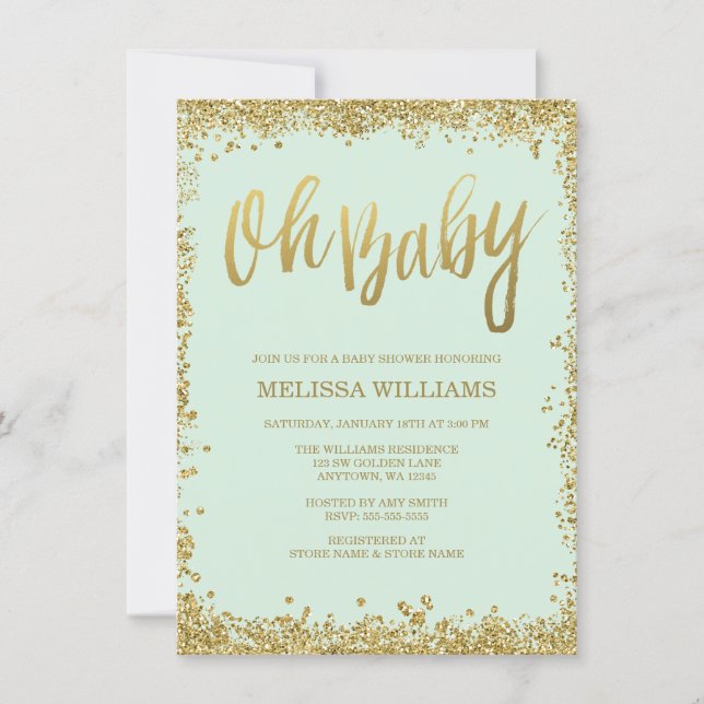 Oh Baby Mint Gold Glitter Baby Shower Invitation (Front)