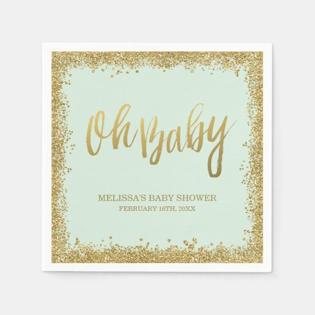 Oh Baby Mint Gold Glitter Baby Shower Paper Napkins (Front)