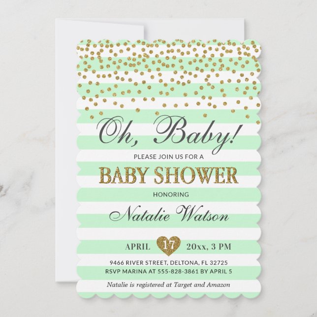 Oh Baby Mint Green Gold Gender Neutral Baby Shower Invitation (Front)