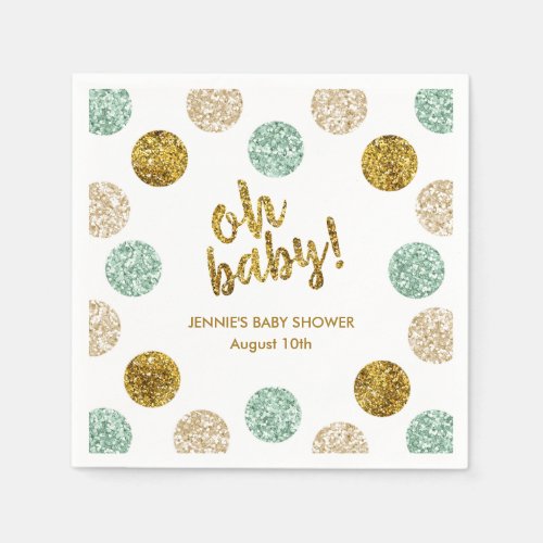 Oh Baby Mint Green  Gold Glitter Baby Shower Napkins