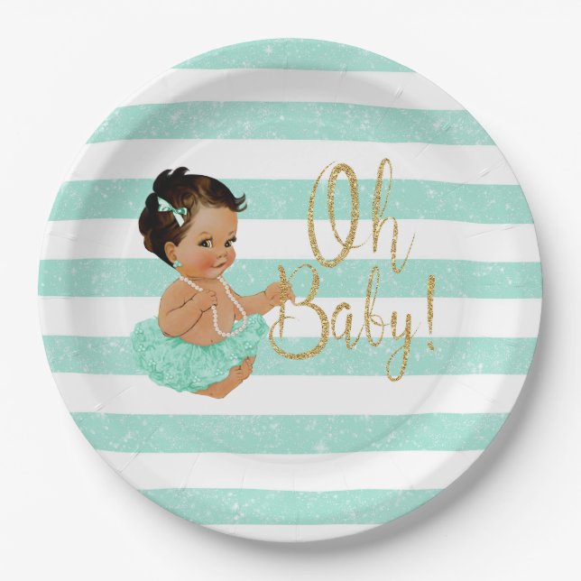 Oh Baby Mint Tutu Ballerina Stripes Gold Glitter P Paper Plates (Front)