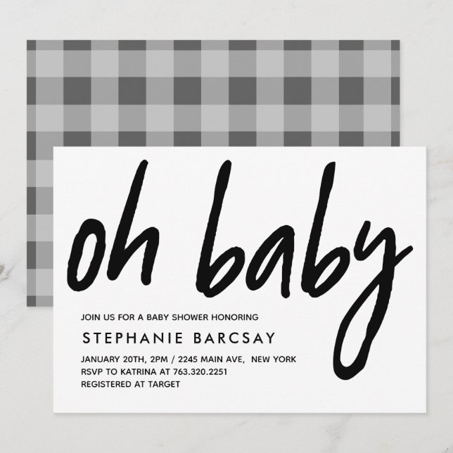 Oh Baby Modern Baby Shower Gray Gingham Invitation (Front/Back)
