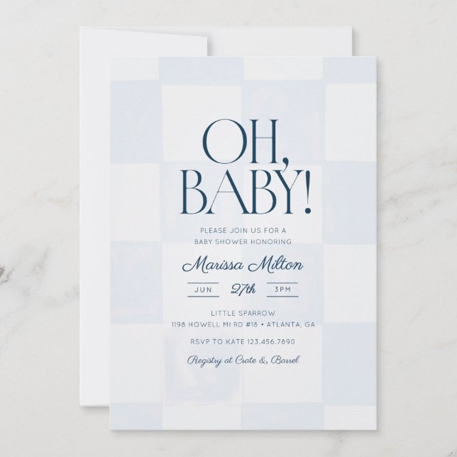 Oh Baby Modern Blue Checkered Baby Shower Invitation (Front)
