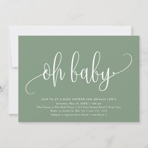 Oh Baby Modern Calligraphy Sage Green Baby Shower Invitation