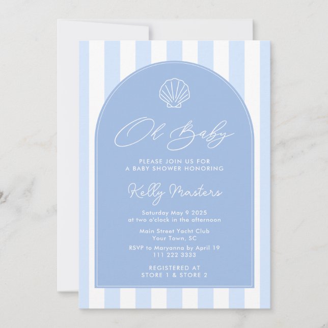 Oh Baby Modern Coastal Blue And White Baby Shower Invitation (Front)
