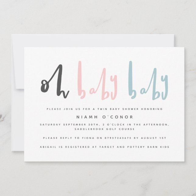 Oh baby modern contemporary twin baby shower holiday card (Front)