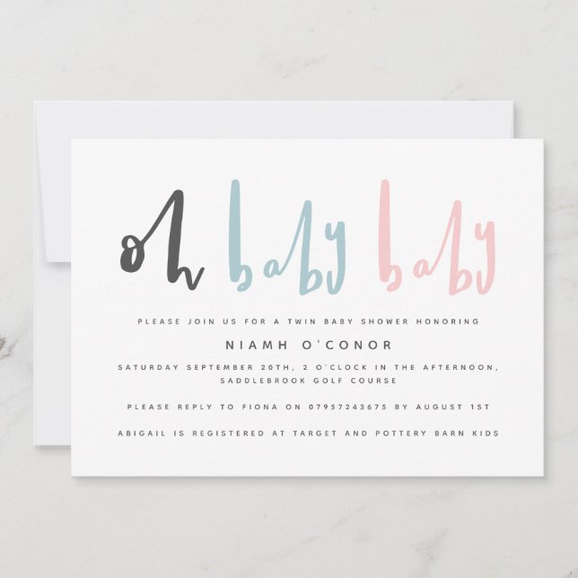 Oh baby modern contemporary twin baby shower holiday card (Front)